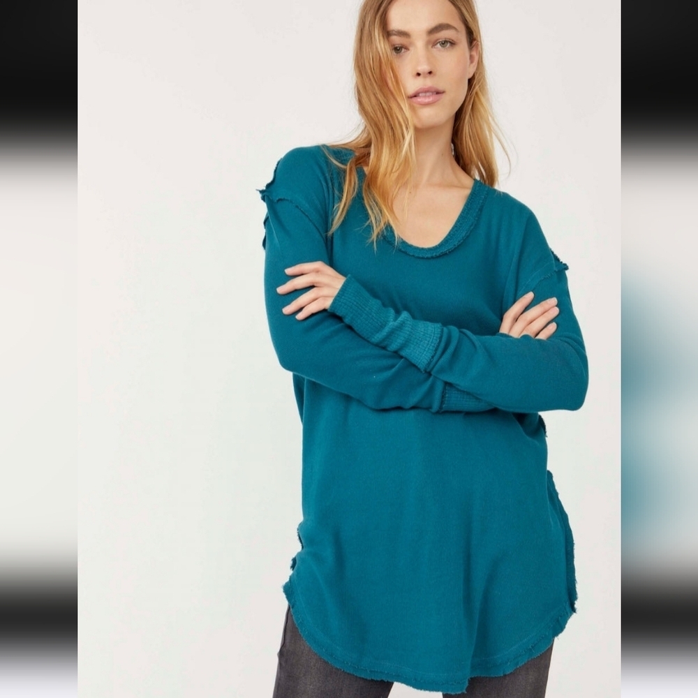 Free People Colby Long Sleeve Thermal Shirt Top Blue Green Womens Small Rae Edge
